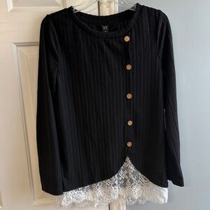 Emery Rose Black Top with White Lace Hem